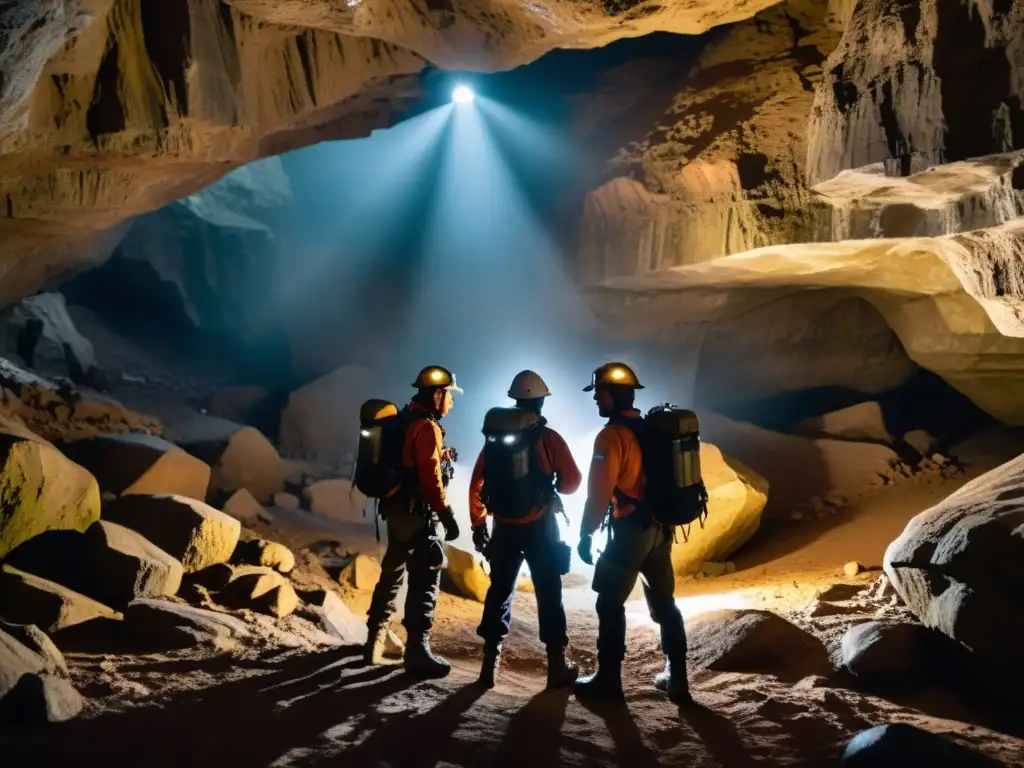 Equipo de exploradores desciende con determinación en la oscuridad de las grutas subterráneas Skocjan, iluminando intrincadas formaciones rocosas