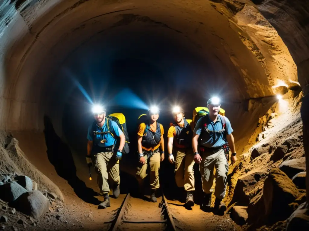 Equipo de exploradores en pasajes ocultos, descubriendo maravillas subterráneas con sismógrafos y equipo de escalada