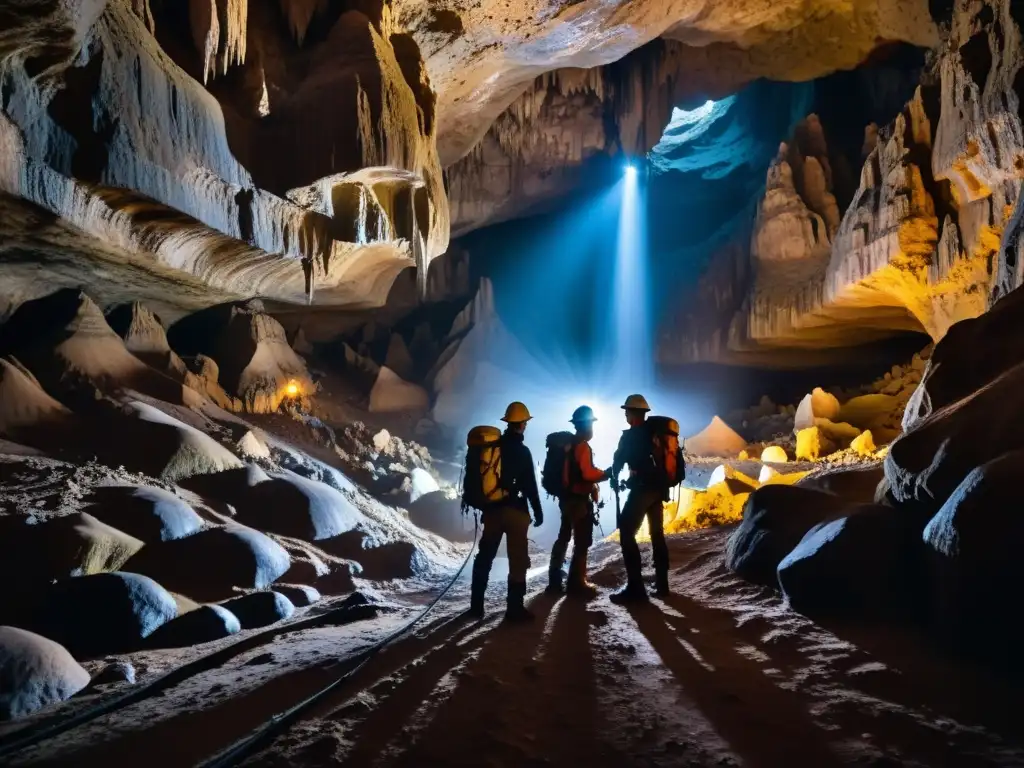 Un equipo de exploradores se adentra en un sistema de cuevas subterráneas, iluminando con sus lámparas de cabeza las formaciones rocosas