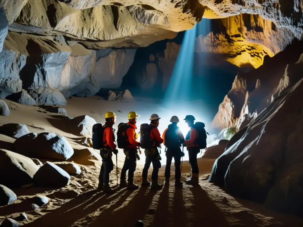 Un equipo de exploradores utilizando el software mapeo 3D para exploración subterránea, navega cuidadosamente por una cueva oscura y accidentada