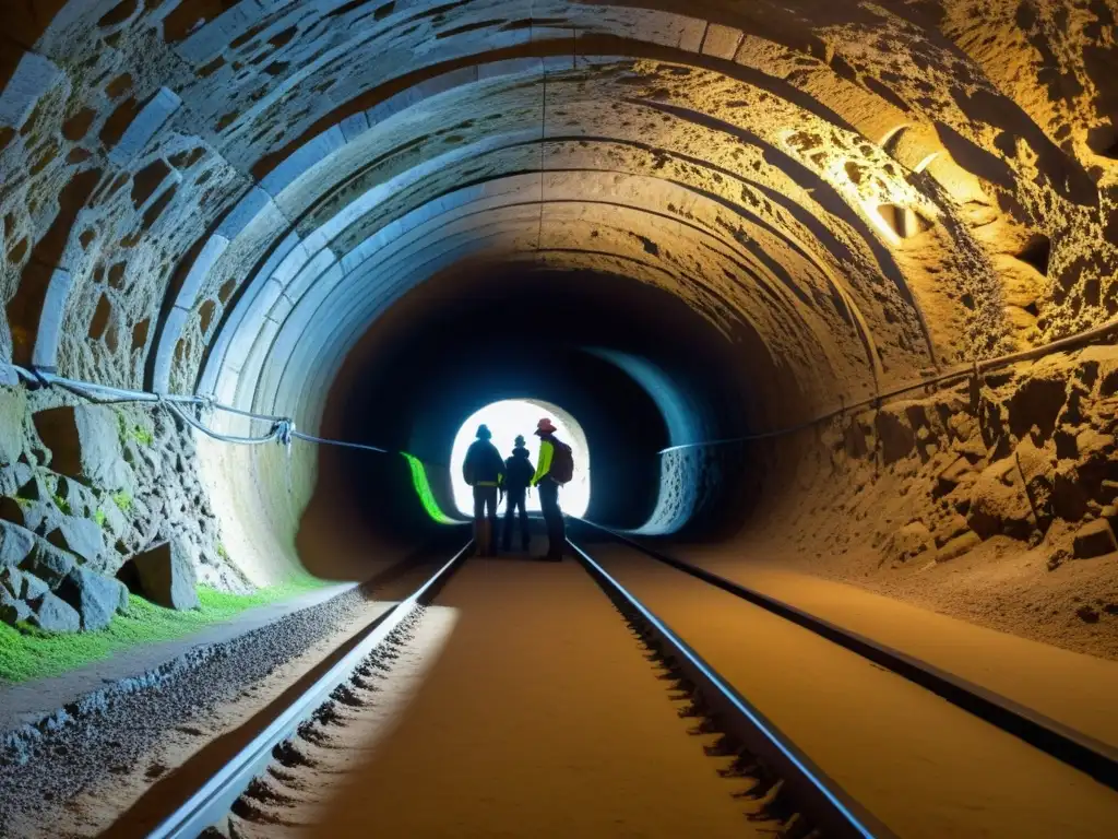 Equipo de exploradores usando software mapeo 3D en túnel histórico, capturando detalles arquitectónicos y fusión de tecnología e historia