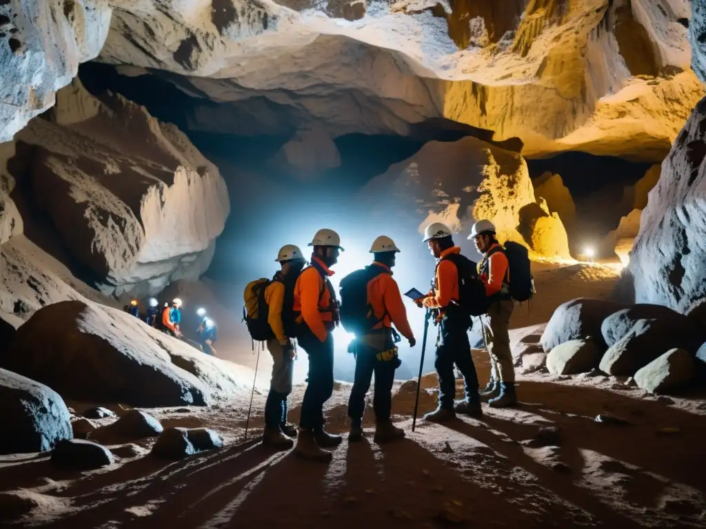 Equipo de exploradores subterráneos con linternas y herramientas de mapeo, navegando cuidadosamente en una cueva