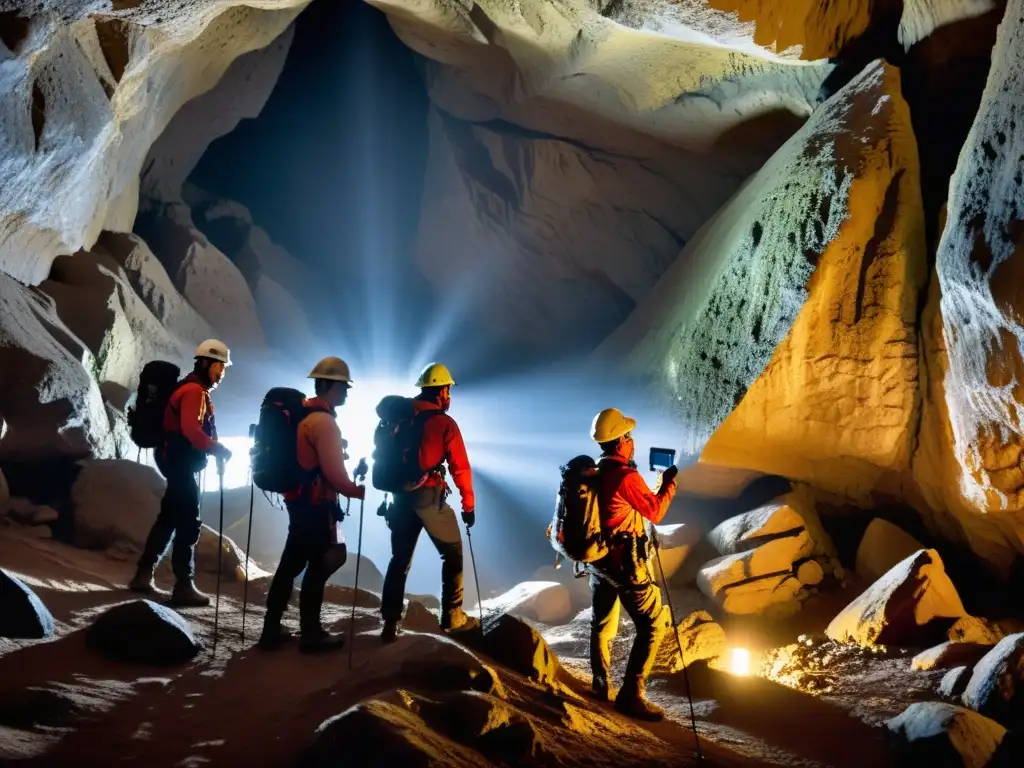 Equipo de exploradores usando tecnología de mapeo 3D para navegar una cueva oscura y estrecha