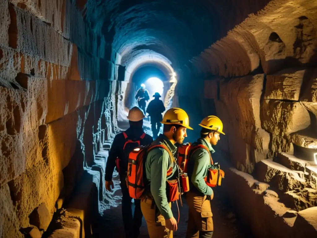 Equipo de exploradores con tecnología de mapeo 3D en túneles históricos, mostrando determinación y precisión en un entorno atmosférico y desafiante