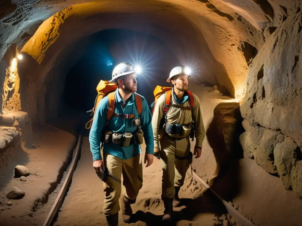 Equipo de exploradores en túneles subterráneos históricos, mapeando en la penumbra, evocando aventura y misterio