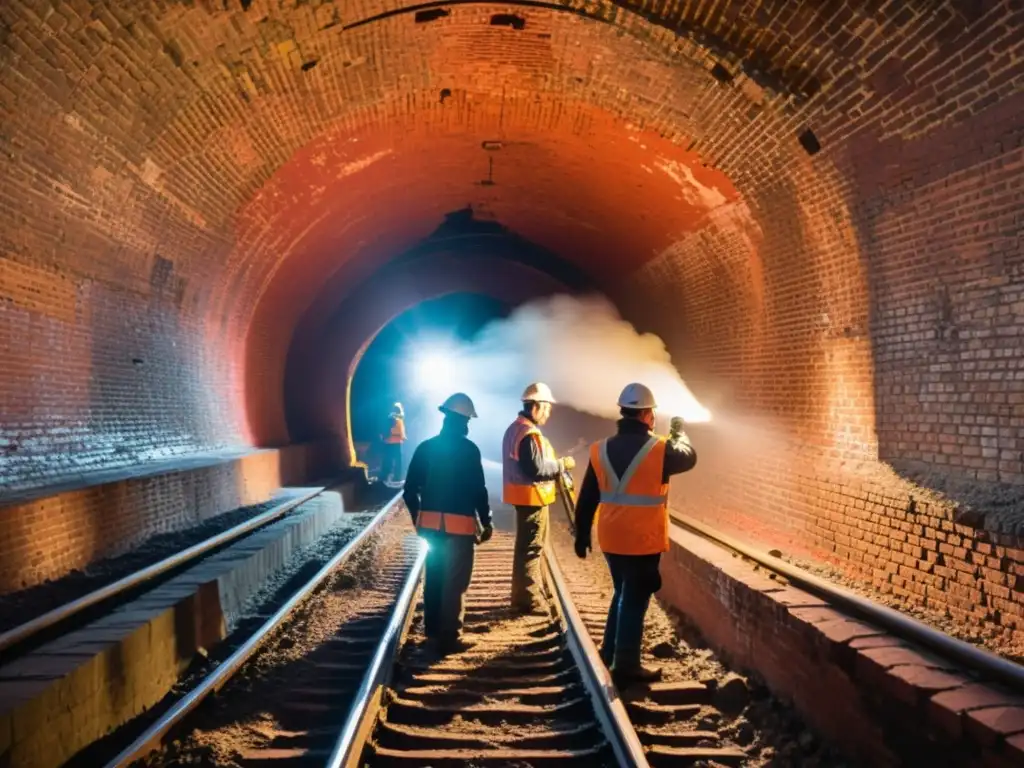 Equipo de restauración túneles ferroviarios históricos eliminando cuidadosamente capas de suciedad de ladrillos en túnel centenario