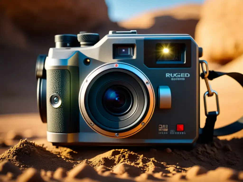 Equipo fotográfico resistente para exploración subterránea: cámara cubierta de polvo y suciedad, iluminada por una linterna en una cueva