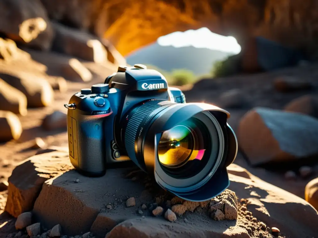 Un equipo fotográfico resistente para exploración subterránea, iluminado con dramáticas sombras en una cueva rocosa