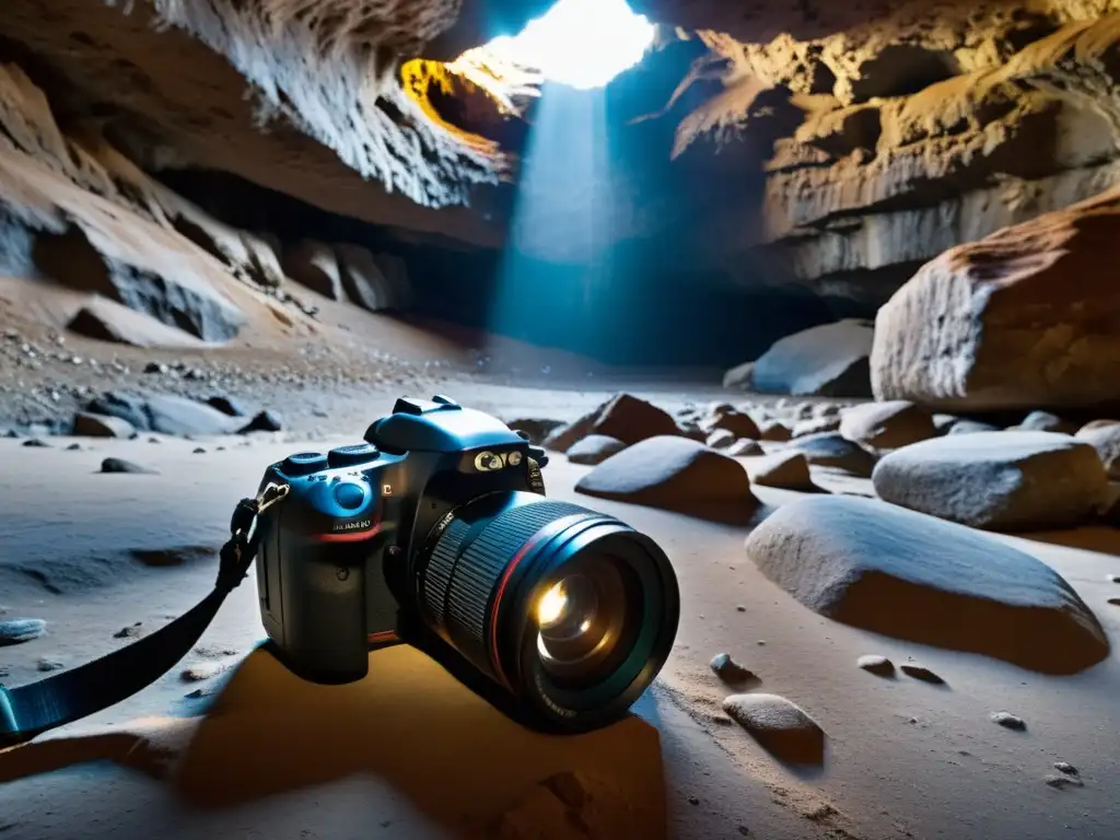Equipo fotográfico resistente para exploración subterránea capturando la belleza y misterio de una cueva iluminada por una linterna