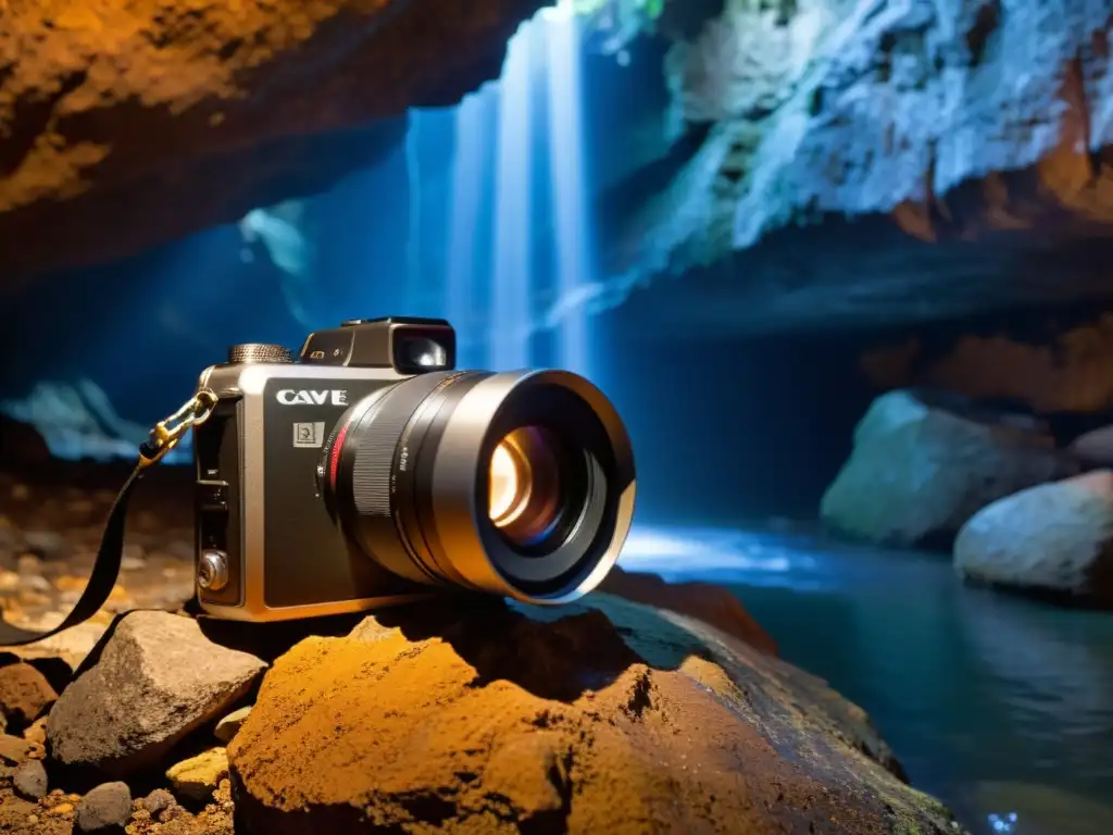 Equipo fotográfico resistente para exploración subterránea en una cueva oscura con espeleólogos iluminados por linternas