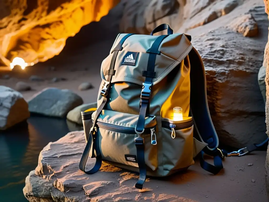 Un equipo fotográfico seguro en una misteriosa cueva con mochila resistente y desgastada, iluminada por una tenue luz de cabeza