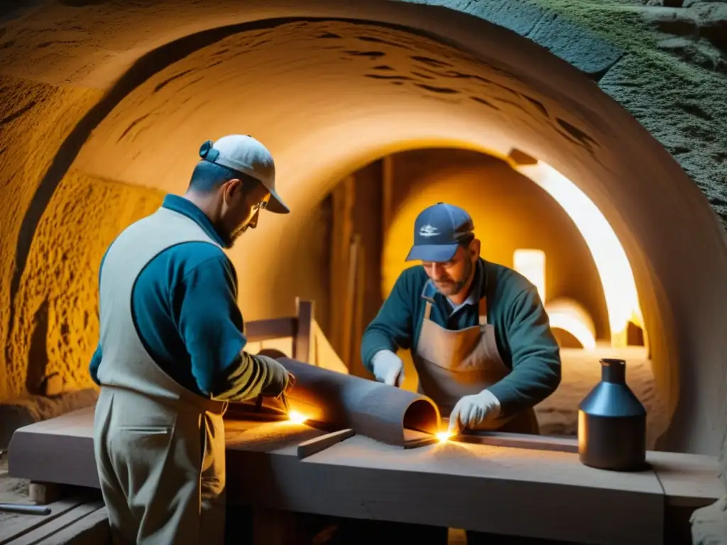 Un equipo de hábiles artesanos replica un túnel histórico con técnicas tradicionales, inmersos en su trabajo en un taller