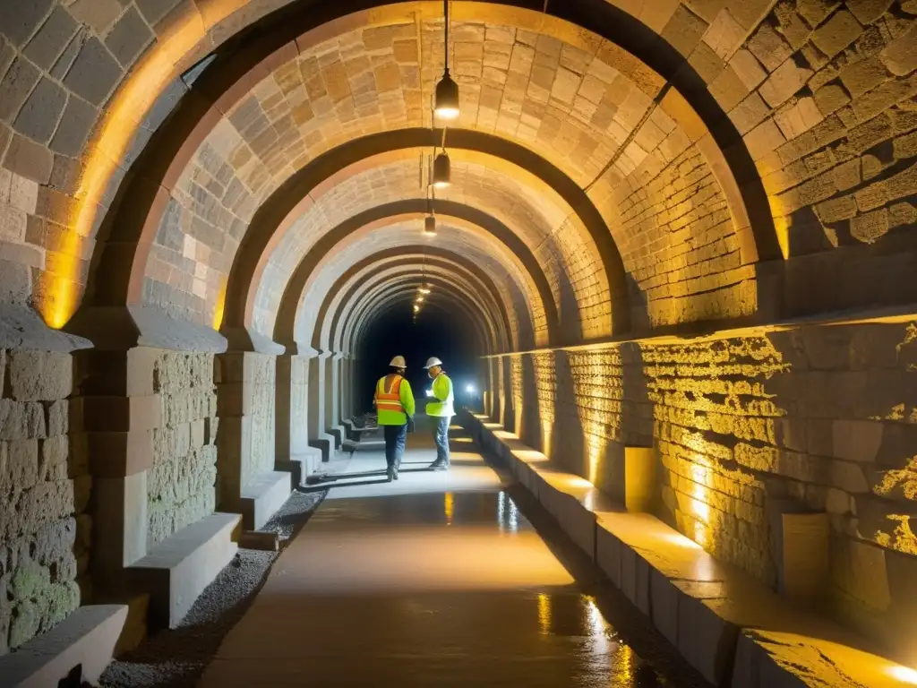 Equipo de restauración ilumina túnel histórico, revelando artesanía antigua con técnicas de restauración túneles históricos