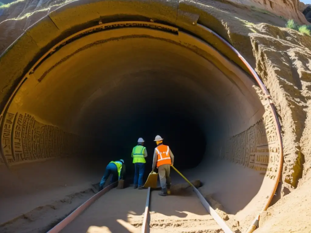 Equipo de preservación túneles históricos financiamiento trabajando con reverencia en excavación detallada y refuerzo de túnel antiguo