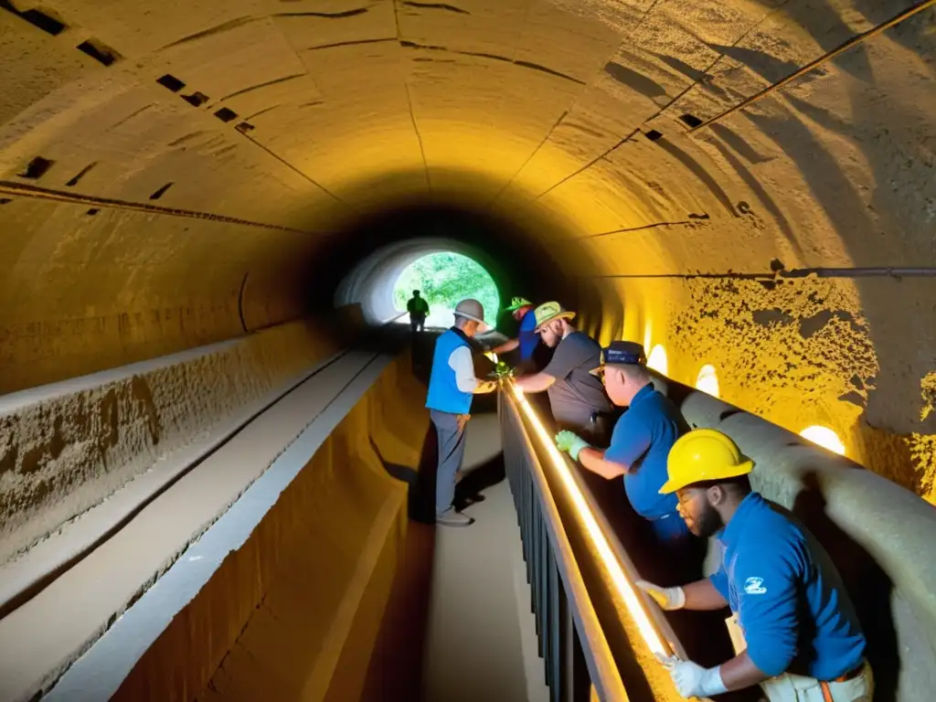 Equipo de conservación túneles históricos explorando y restaurando juntos, iluminados por cálidas lámparas frontales, en ambiente histórico