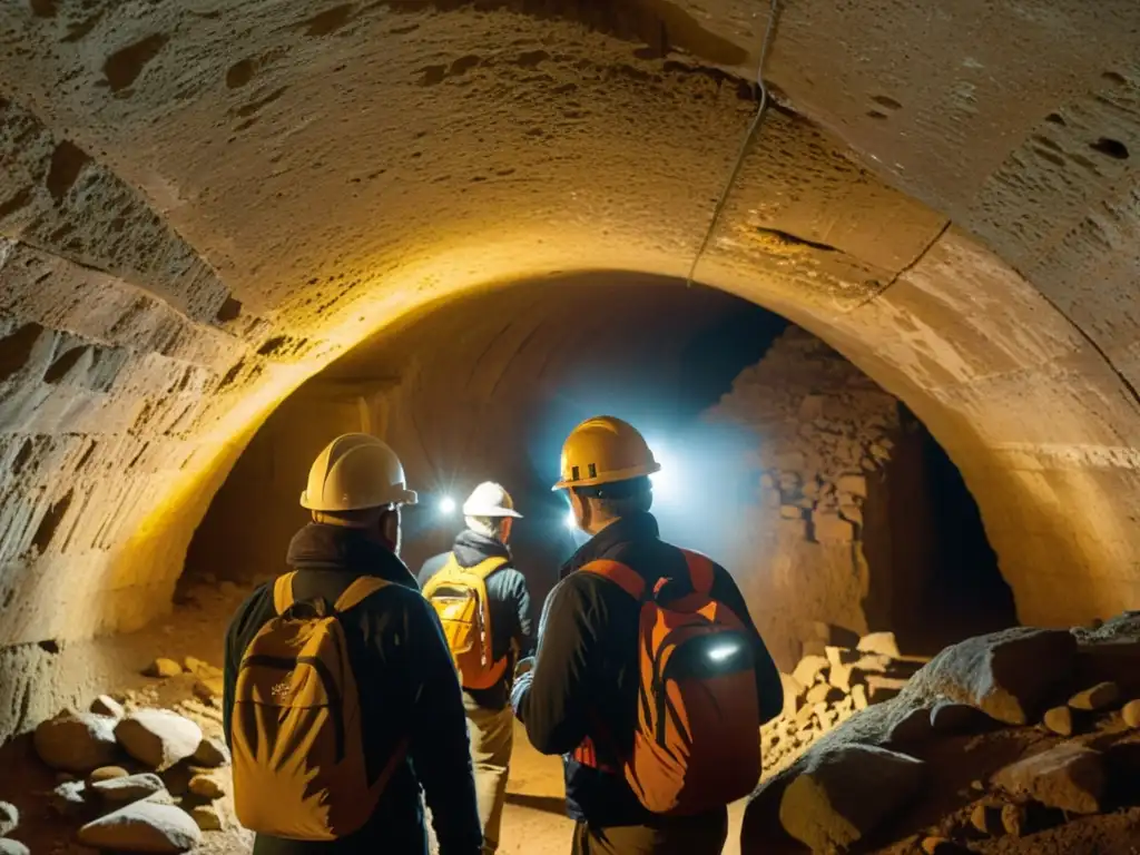 Equipo de conservación túneles históricos explorando con precisión en la luz cálida y las texturas envejecidas del túnel