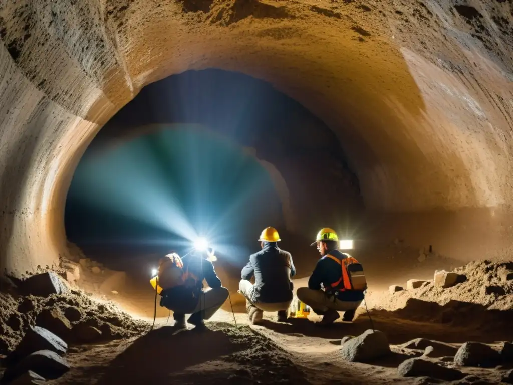 Equipo de ingenieros y arqueólogos explorando un antiguo túnel subterráneo, resaltando la importancia de consultoría en túneles perdidos