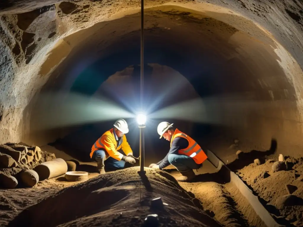 Un equipo de ingenieros y arqueólogos excava un antiguo túnel, destacando la importancia de la consultoría en túneles perdidos