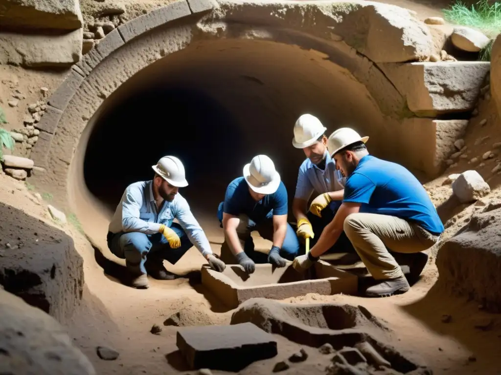 Un equipo de ingenieros y arqueólogos excava un túnel perdido bajo ruinas antiguas, revelando secretos del pasado