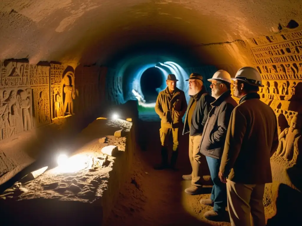 Un equipo de ingenieros y arqueólogos explora un túnel subterráneo iluminado por sus lámparas frontales, revelando antiguos símbolos y reliquias