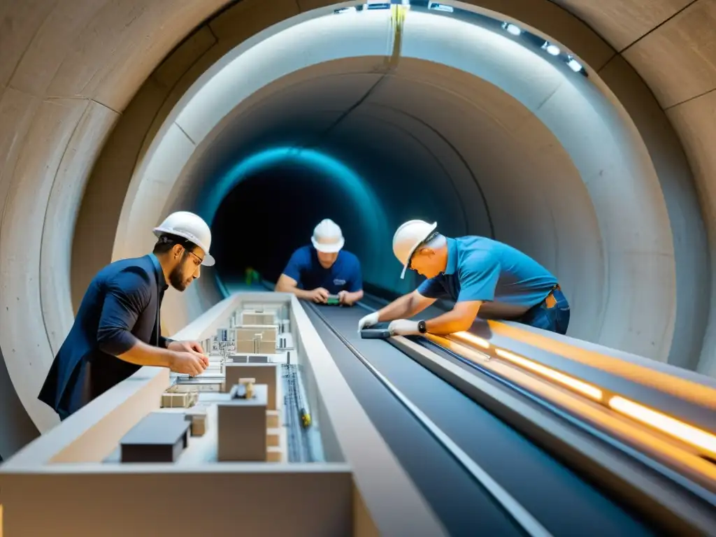 Un equipo de ingenieros y arquitectos trabajan meticulosamente en un modelo a escala de un famoso túnel