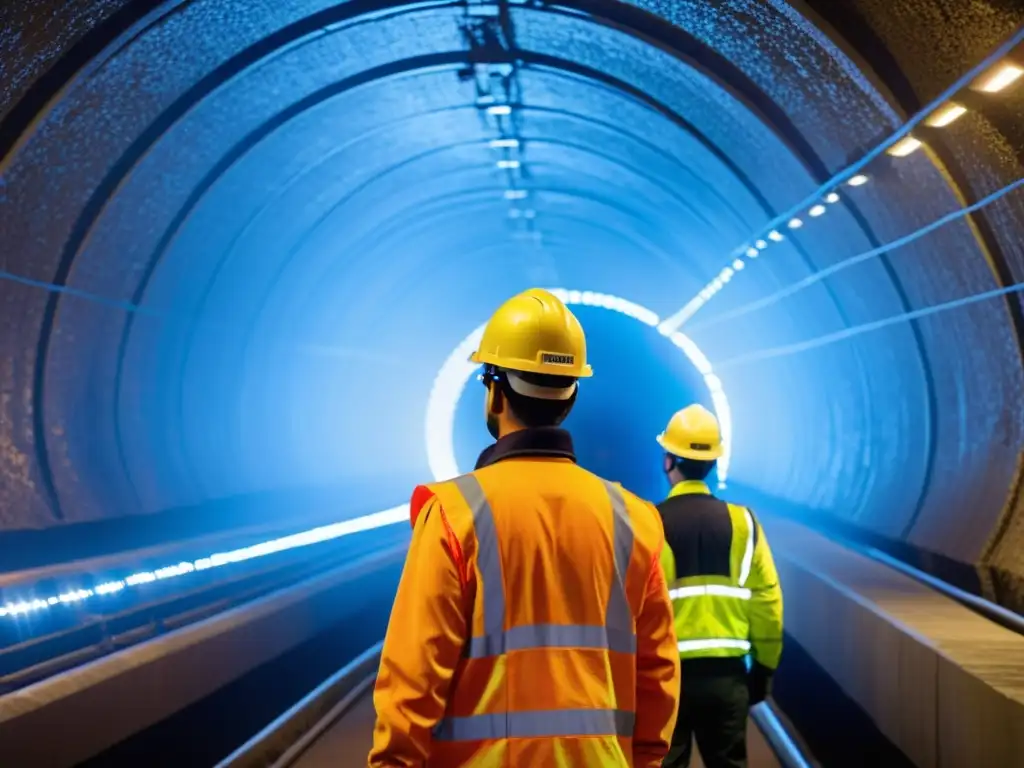 Equipo de ingenieros utilizando avanzadas técnicas de exploración de túneles subterráneos con láser, en un ambiente oscuro y polvoriento