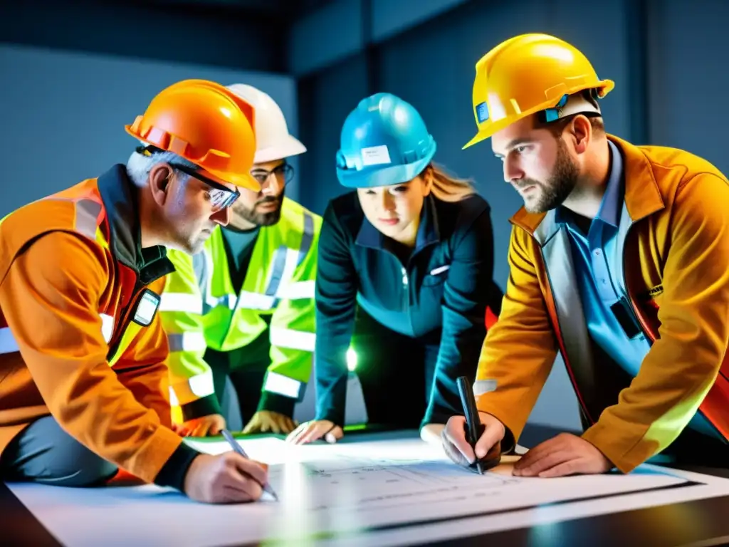 Un equipo de ingenieros con cascos y equipo de seguridad examina detalladamente un plano subterráneo, discutiendo opciones de tratamiento