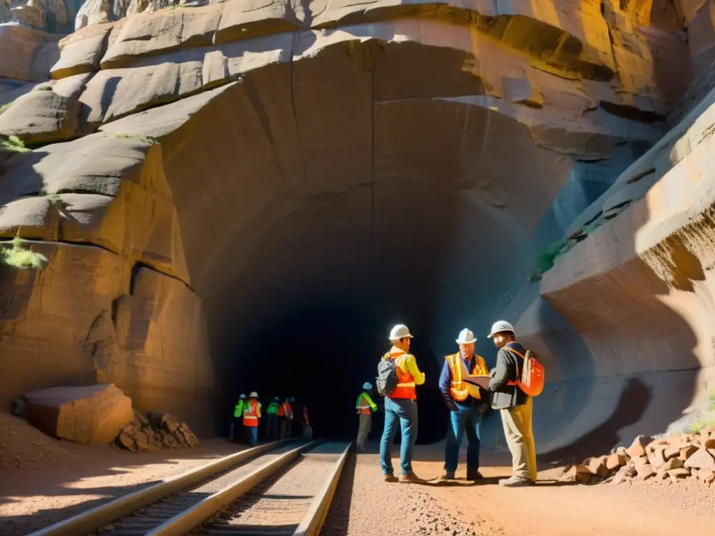 Un equipo de geólogos y ingenieros con cascos examinan un túnel histórico con linternas, mapas y herramientas de medición