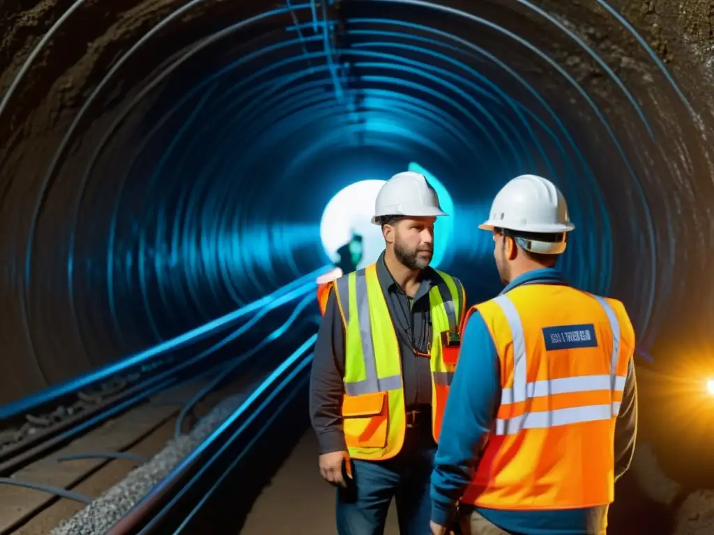 Un equipo de ingenieros en chalecos reflectantes y cascos trabajando en un túnel subterráneo, resolviendo desafíos de comunicación inalámbrica