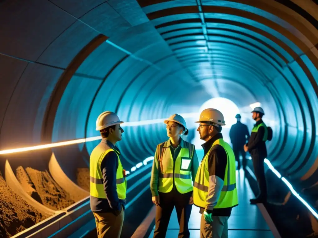 Equipo de ingenieros y científicos en túneles subterráneos iluminados por herramientas de mapeo 3D