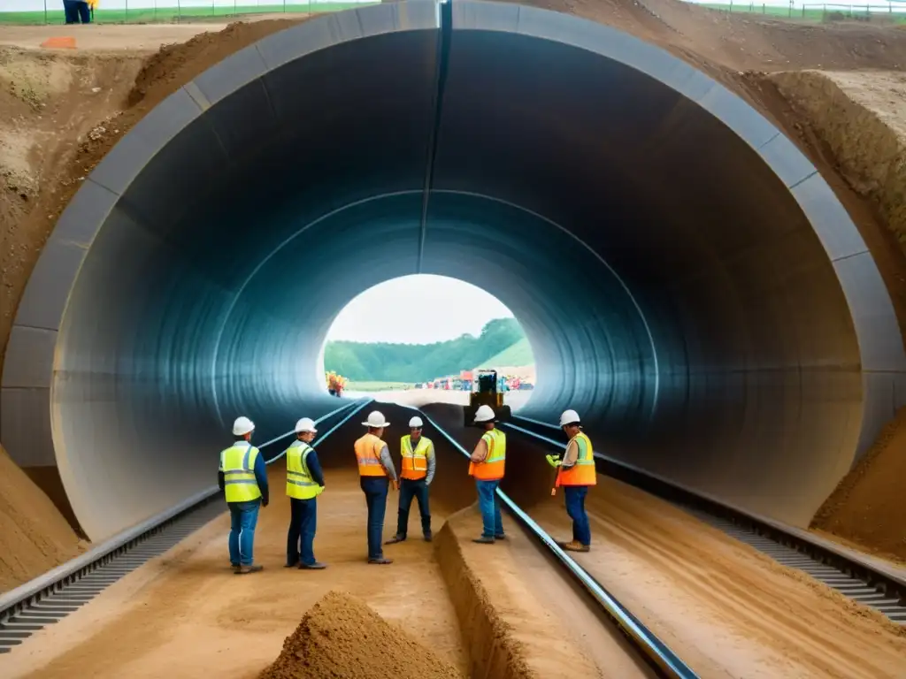 Un equipo de ingenieros civiles y trabajadores de la construcción precisos y expertos, diseñando y excavando la entrada de un túnel subterráneo, con maquinaria pesada y estructuras de soporte