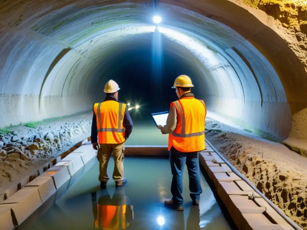 Un equipo de ingenieros y consultores examina un sistema de gestión de aguas en un túnel histórico, combinando tecnología moderna con arquitectura antigua