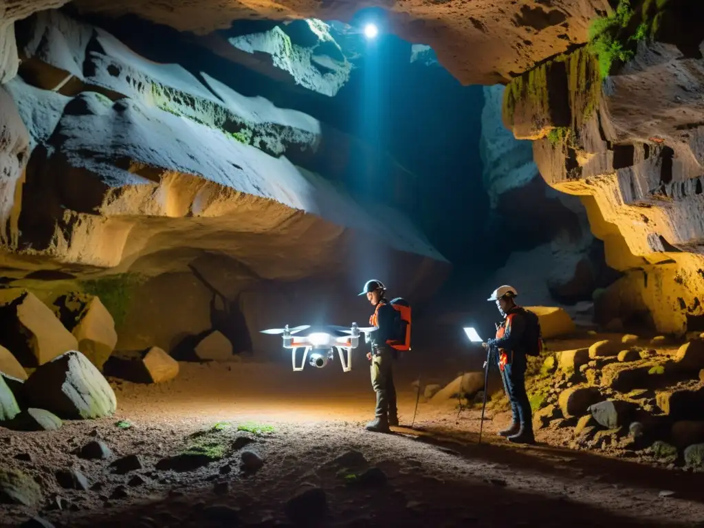 Equipo de ingenieros explorando con drones en cuevas subterráneas