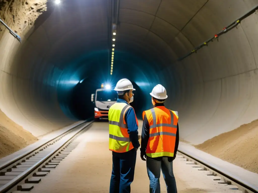 Equipo de ingenieros en la entrada de un túnel subterráneo iluminado, discutiendo planes y examinando la construcción