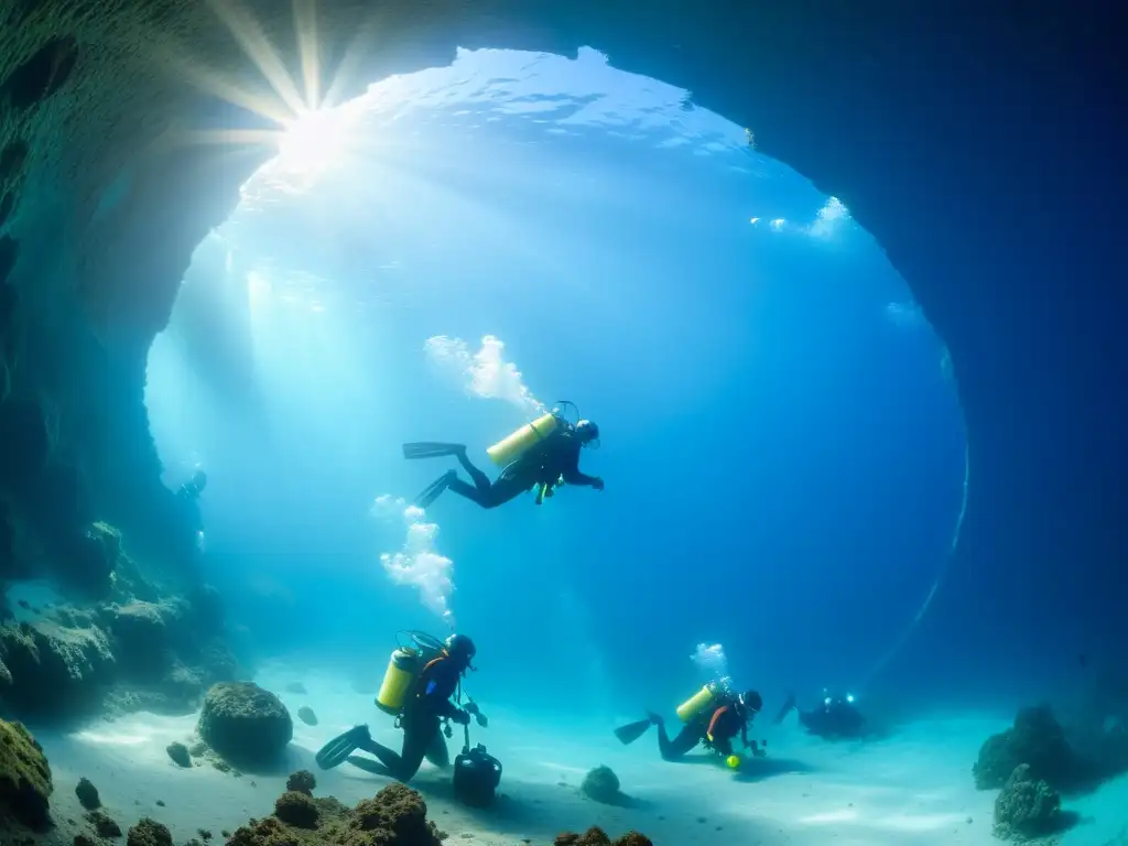 Un equipo de ingenieros en equipo de buceo construyendo un túnel submarino, rodeados por el profundo mar azul