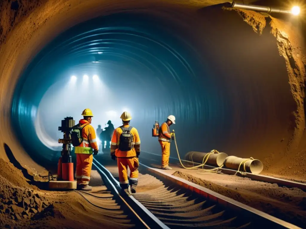 Equipo de ingenieros utilizando equipos de perforación avanzados para extraer agua subterránea en un sitio de construcción de túneles