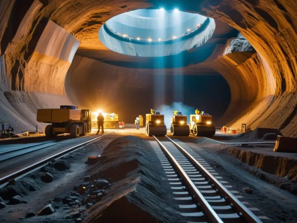 Equipo de ingenieros supervisa la excavación robótica en un túnel subterráneo, fusionando tecnología y expertise humano