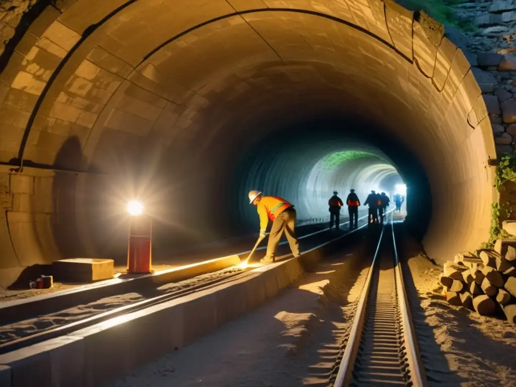 Equipo de ingenieros expertos restaurando el túnel histórico con arcos de piedra, resaltando la restauración de túneles históricos emblemáticos