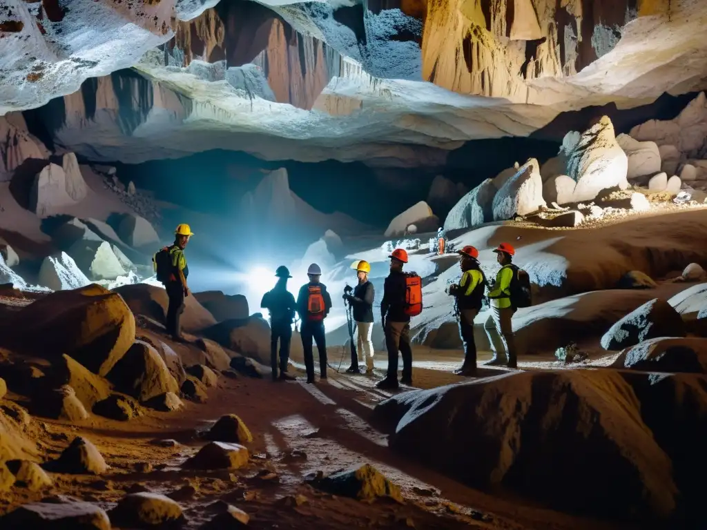 Un equipo de ingenieros y geólogos explorando una cueva subterránea con tecnología de Realidad Aumentada, descubriendo maravillas ocultas