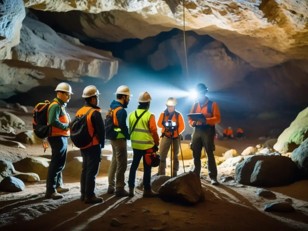 Equipo de ingenieros y geólogos explorando cuevas, destacando la consultoría en Ingeniería para descubrir secretos subterráneos