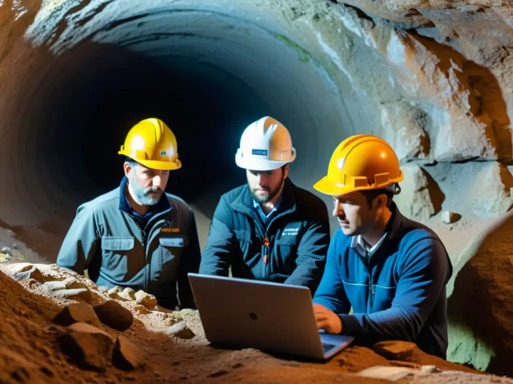 Un equipo de ingenieros y geólogos modernos utilizan tecnología de vanguardia para explorar un túnel subterráneo