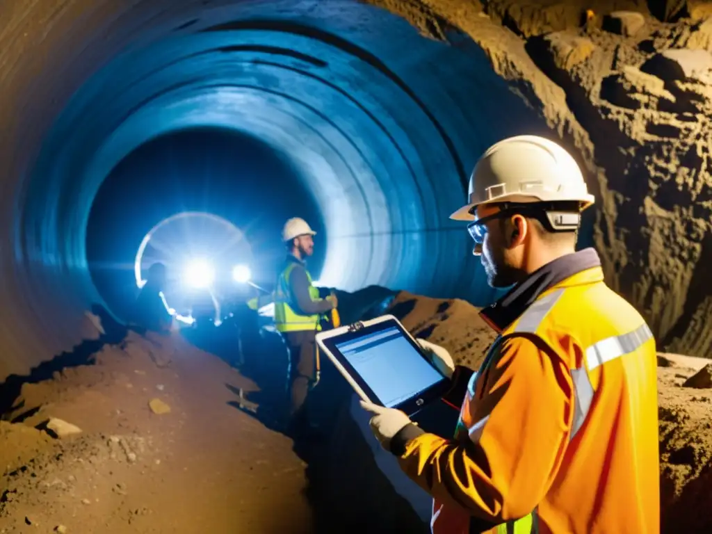 Equipo de ingenieros y geólogos mapeando terreno subterráneo con tecnología avanzada