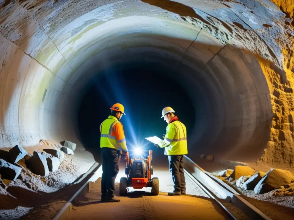 Un equipo de ingenieros geotécnicos usando tecnología avanzada para inspeccionar un antiguo túnel, equilibrando historia y refuerzo estructural