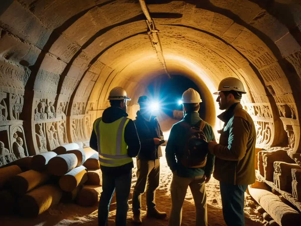 Equipo de ingenieros e historiadores explorando con cuidado un túnel antiguo, iluminado por lámparas frontales