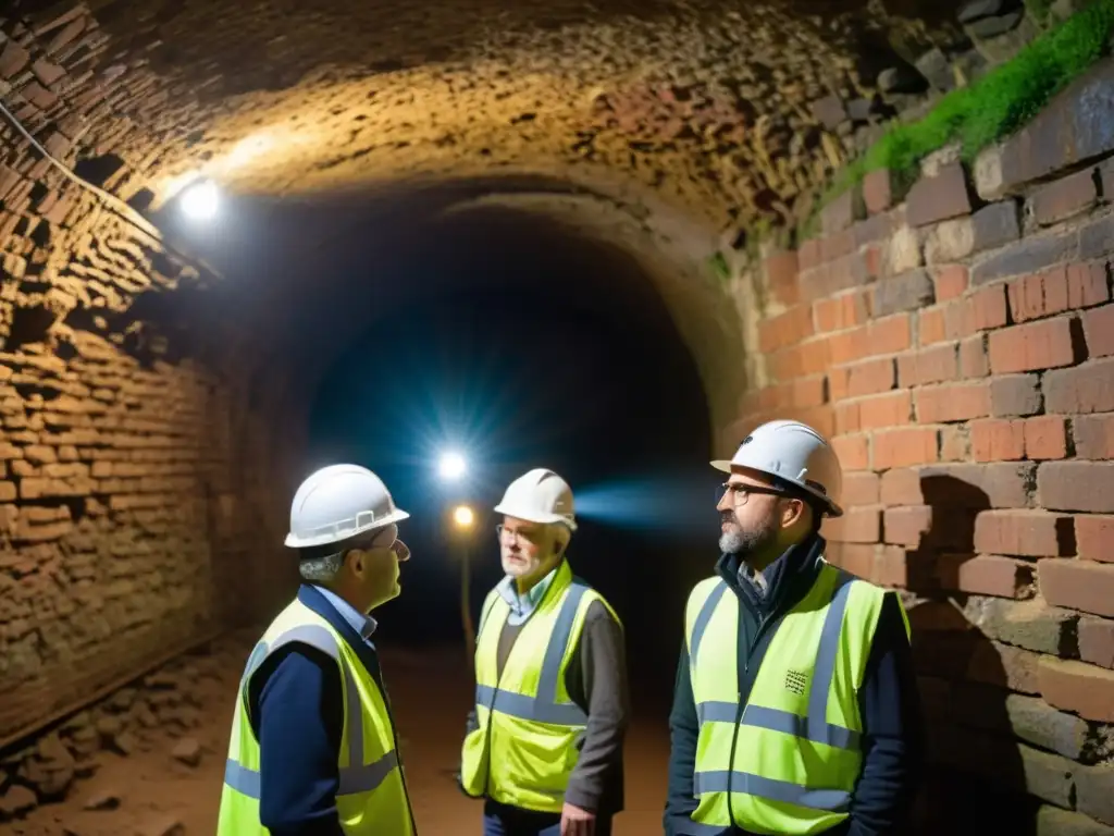 Un equipo de ingenieros y historiadores examina con precisión el interior de un túnel histórico, resaltando su conservación y valor histórico