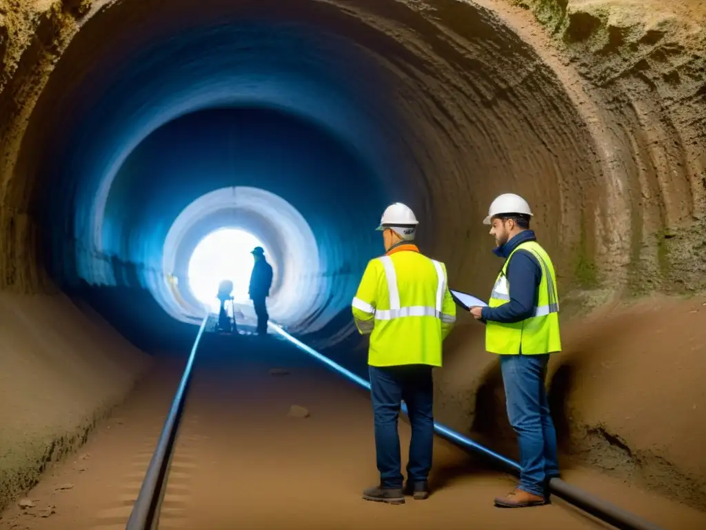 Equipo de ingenieros inspecciona túnel histórico, conservación túneles históricos ingeniería, integrando modernidad y legado histórico