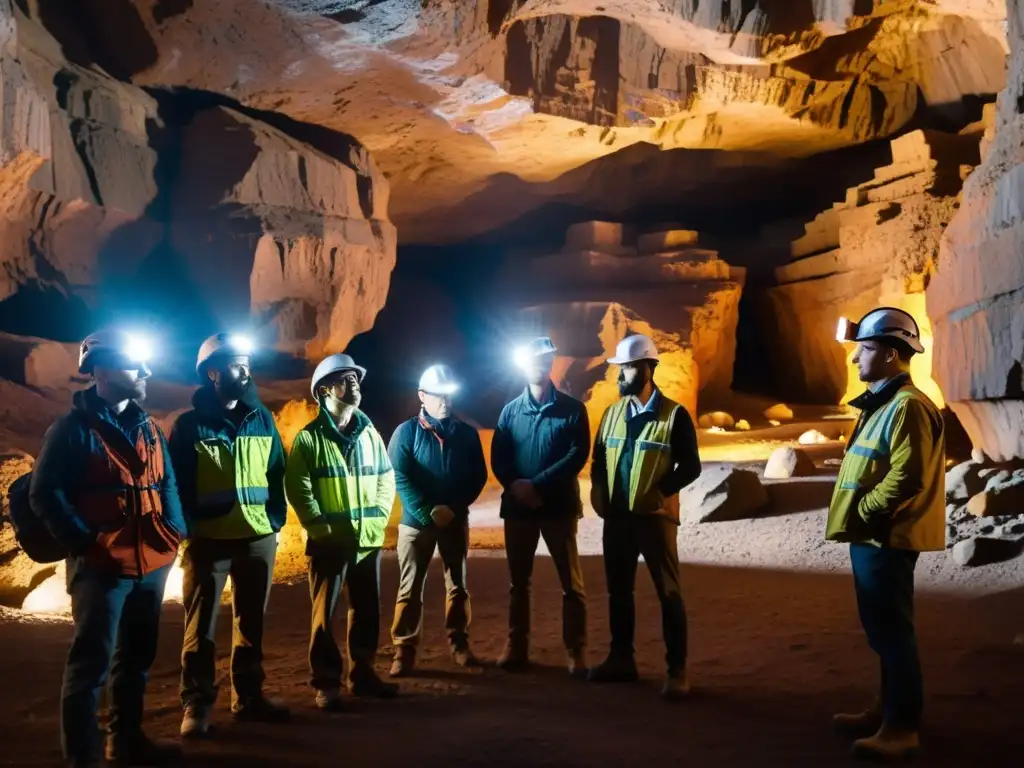 Equipo de geólogos y ingenieros listos para la exploración subterránea con realidad aumentada, en la entrada de una cueva iluminada por sus linternas