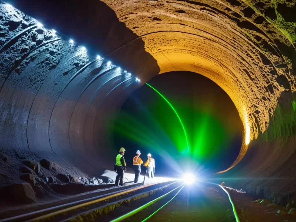 Equipo de ingenieros realizando mapeo 3D para túneles subterráneos con tecnología láser avanzada, en un entorno oscuro y desafiante