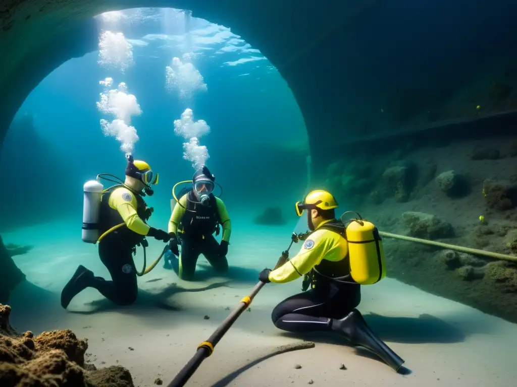 Equipo de ingenieros militares construyendo un túnel subacuático estratégico en la penumbra