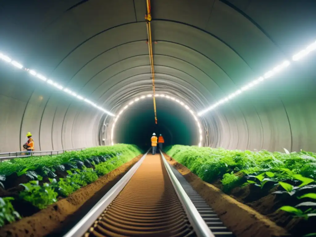 Equipo de ingenieros y obreros en construcción subterránea, integrando energías renovables en el innovador diseño de túneles